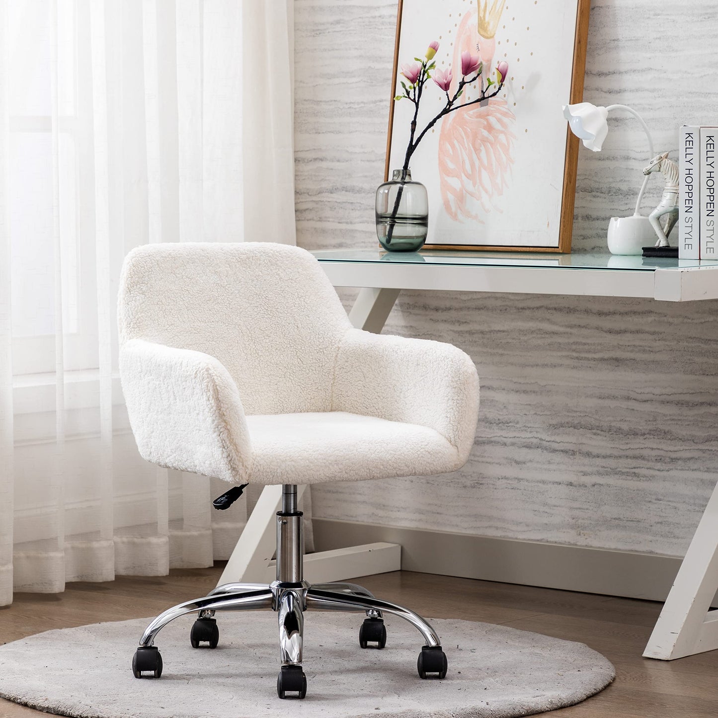 KCC Faux Fur Vanity Makeup Desk Chair, Comfy Fluffy Swivel Modern Leisure Armchair with Wheels, Upholstered Fuzzy Height Adjustable for Teens Women Girls Elegant Home Office