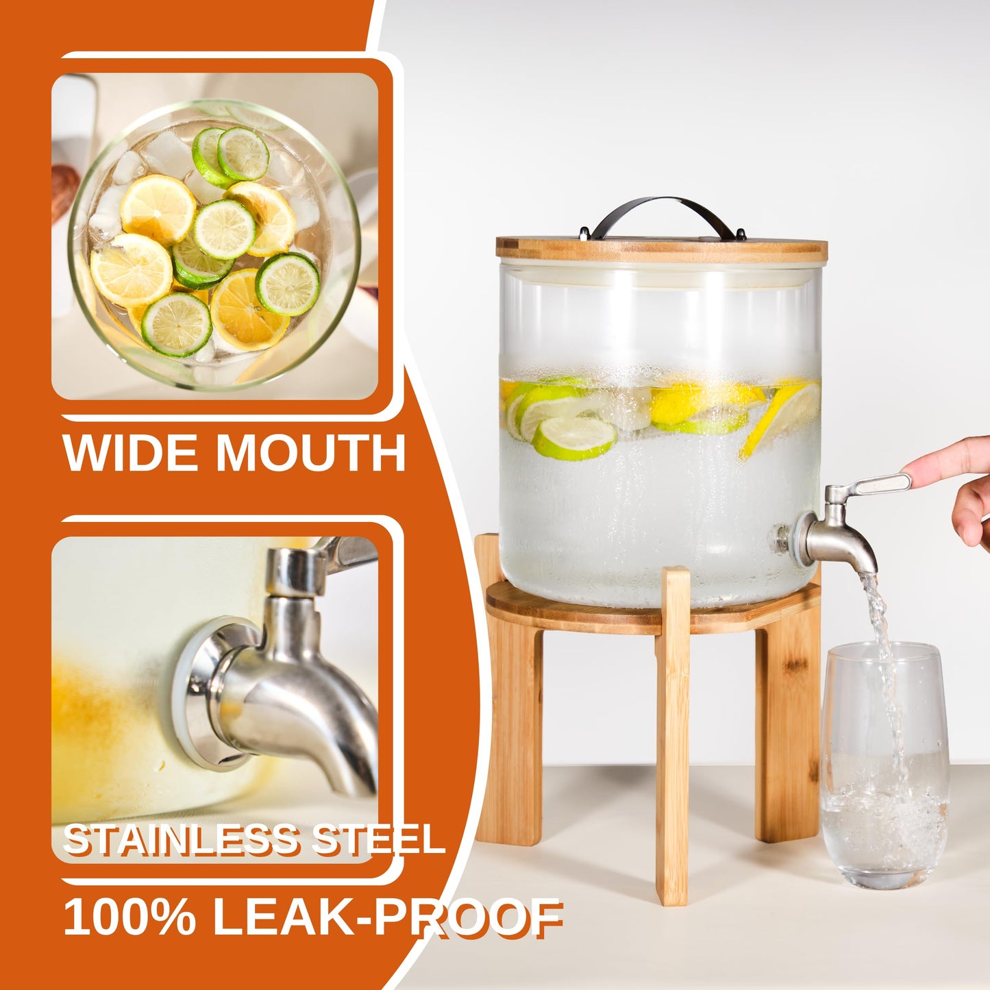 Glass Beverage Dispenser with Bamboo Stand 6.7 In and Lid, Iced 1.5 Gallon Drink Server with Spigot, Large Thick Glass Drink Dispenser for Parties, Hotels, Restaurants, Homes