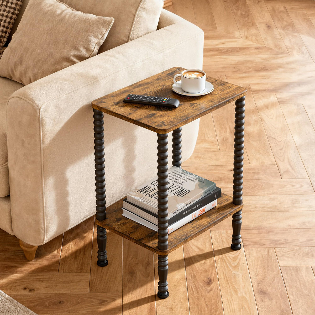 Homedawn Side Table, Small End Table, 2-Tier Nightstand with Storage Shelves, Coffee Table for Small Spaces, Curved Design, Sofa Table for Living Room, Bedroom, Rustic Brown and Black