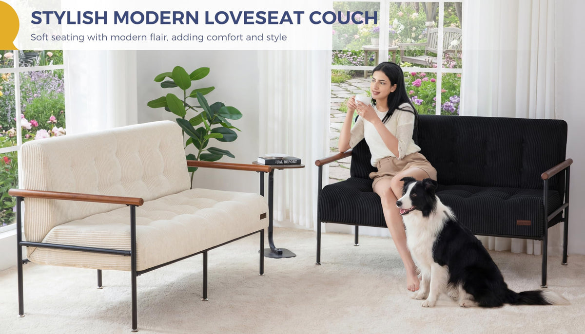 MAXYOYO Loveseat Sofa, Button Tufted Upholstered Small Couch for Living Room, Modern Love Seat Couches with Metal Frame & Wood Armrests for Bedroom Office, Easy to Install, Black