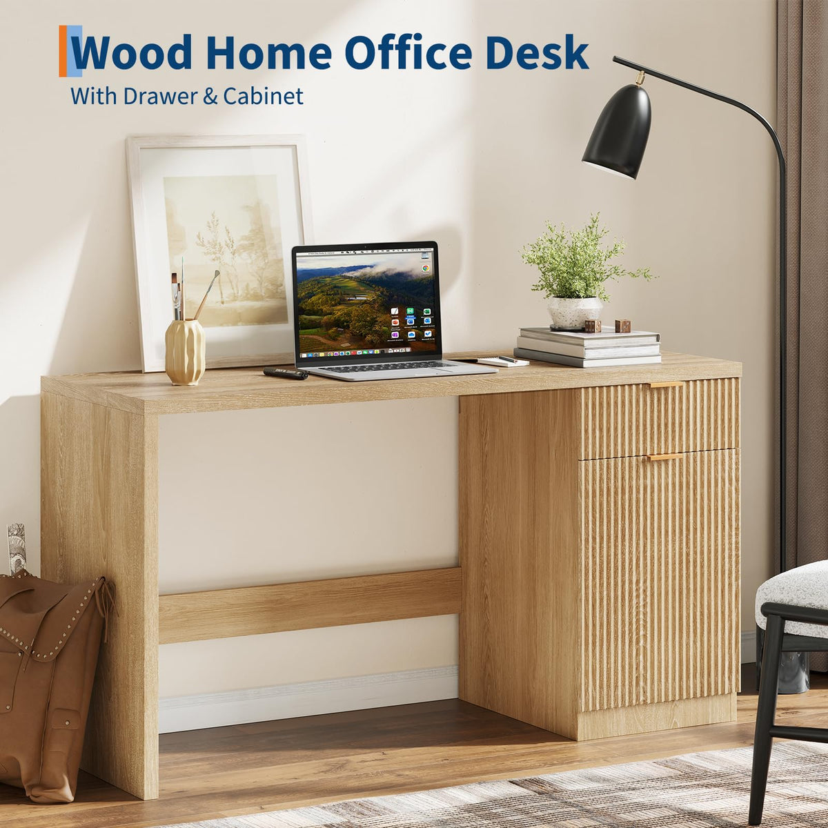 BouPower 60" Fluted Executive Desk with Drawers, Wood Computer Desk with Storage Cabinet, Home Office Desks with Storage for Study Room, Bedroom, Living Room, Natural Oak
