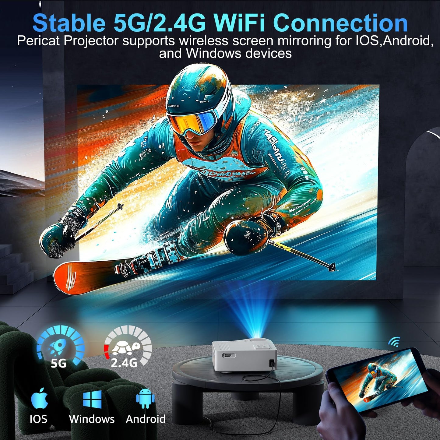 5G WiFi Bluetooth Projector, Native 1080P Outdoor Movie Projector with 200" Display, 380ANSI Home Theater Video Projector 4K Supported, LED Video Projector Compatible with TV Stick, Phone/PC