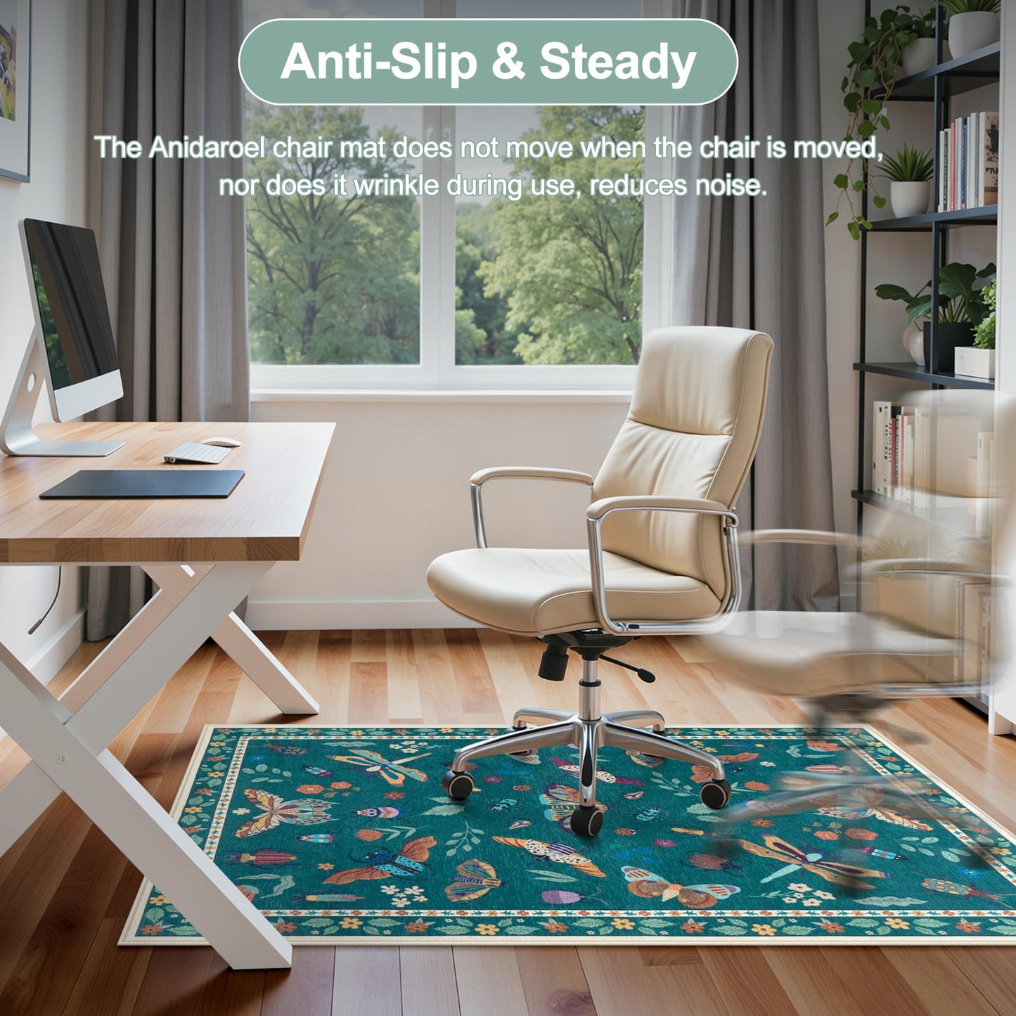 Anidaroel 36"x48" Office Chair Mat for Hardwood Floor, Anti-Slip Floor Mat for Office Chairs, Insect Print Office Rugs for Rolling Chairs, Low Pile Dark Green Desk Chair Mats for Hardwood