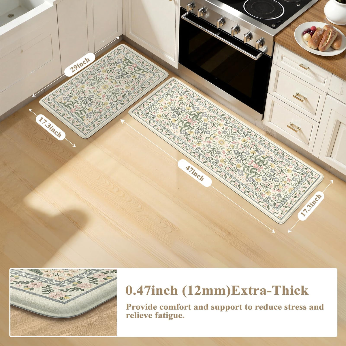 Collive Anti Fatigue Mat for Kitchen Floor, Spring Floral Kitchen Mats for Floor Set of 2, Beige Cushioned Waterproof Sink Rugs Non Slip Comfort Standing Rug for Office, Laundry, Desk