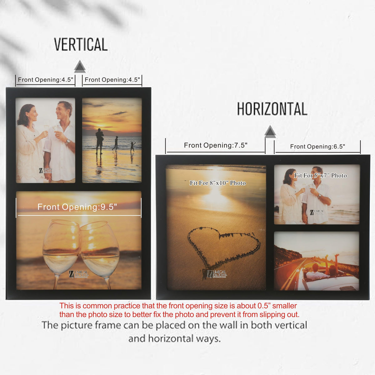 UMICAL Collage Picture Frame for 8x10 and 2 5x7 Pictures Display with Shatter-Resistant Glass & Black Wood 3-Openings Photo Frames Made for Tabletop Stand and Wall Mounting
