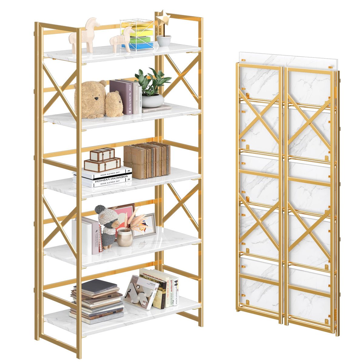 4NM 5 Tiers No Assembly Book Shelves, 51.2" H Folding Bookshelf Bookcase Open Industrial Foldable Shelves for Bedroom, Living Room, Home Office - White Gold