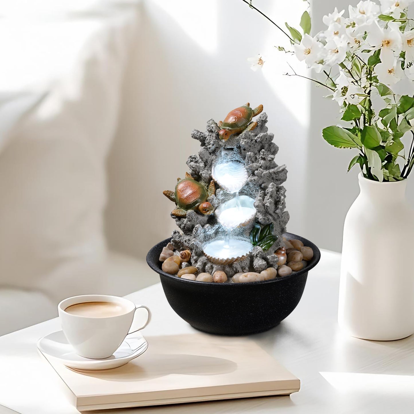 Indoor Tabletop Turtle Water Fountain with LED Light – Coastal Sea Life Desk Waterfall Feature with Soothing Sounds and River Rocks, Ocean Zen Decor for Home Office