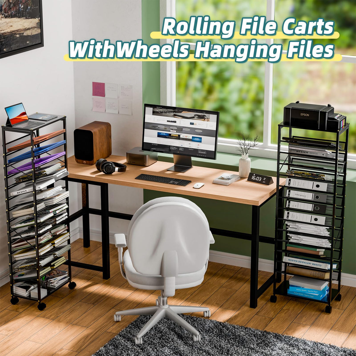 Ekisemio 15 Tier Rolling File Cart, Sturdy and Durable Desk File Organizer with Metal Mesh Letter Tray, Heavy-duty Rolling Clutter Cart for Office, Home, School, Black