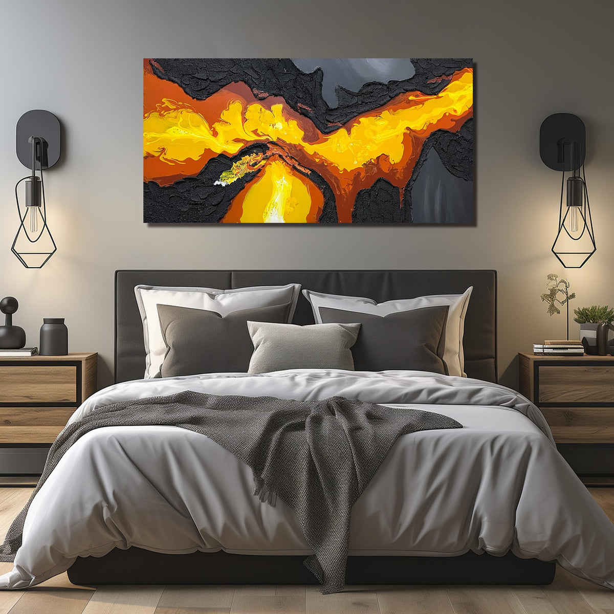 Abstract Lava Flow Canvas Wall Art for Living Room, Black and Gold Yellow Wall-Decor for Bedroom, Modern Textured Volcanic Landscape Paintings for Hallway Office, Size 58x29 Inches Hand Painted
