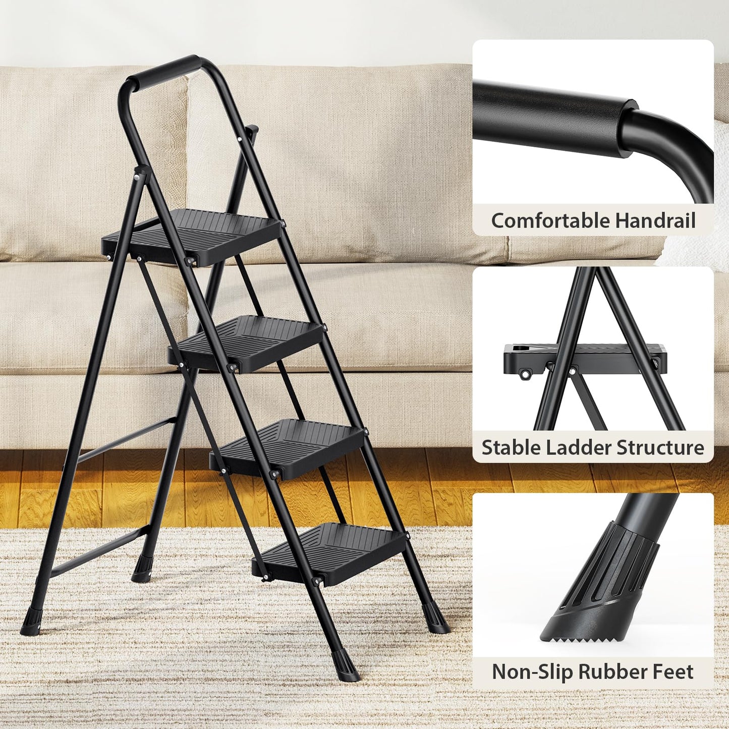 Urackify 4 Step Ladder, Portable Folding Ladder for Multi-Purpose, Home, Kitchen, Heavy Sturdy Steel Step Stool with Handrail, Anti-Slip Wide Pedals, Safe-Lock Design, Pass 500lbs Load Testing, Black