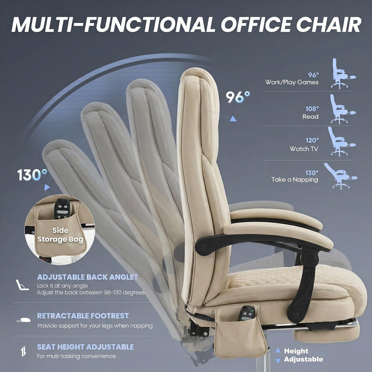 MALOL Massage Office Chair with Heat and Footrest - 3-Level 65°C Targeted Heating, 20-Min Easy Assembly Leather Desk Chair, Big and Tall Executive Computer Chair with Side Pocket, 300 lbs, Beige