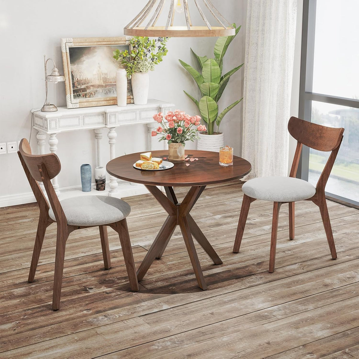 NAFORT Round Dining Table Set for 2, Mid-Century Modern Bistro Table and Chairs, Wood Kitchen Table w/Cushioned Chairs, Compact 3 Piece Dinette Set for Office, Small Spaces, Kitchen, Breakfast Nook