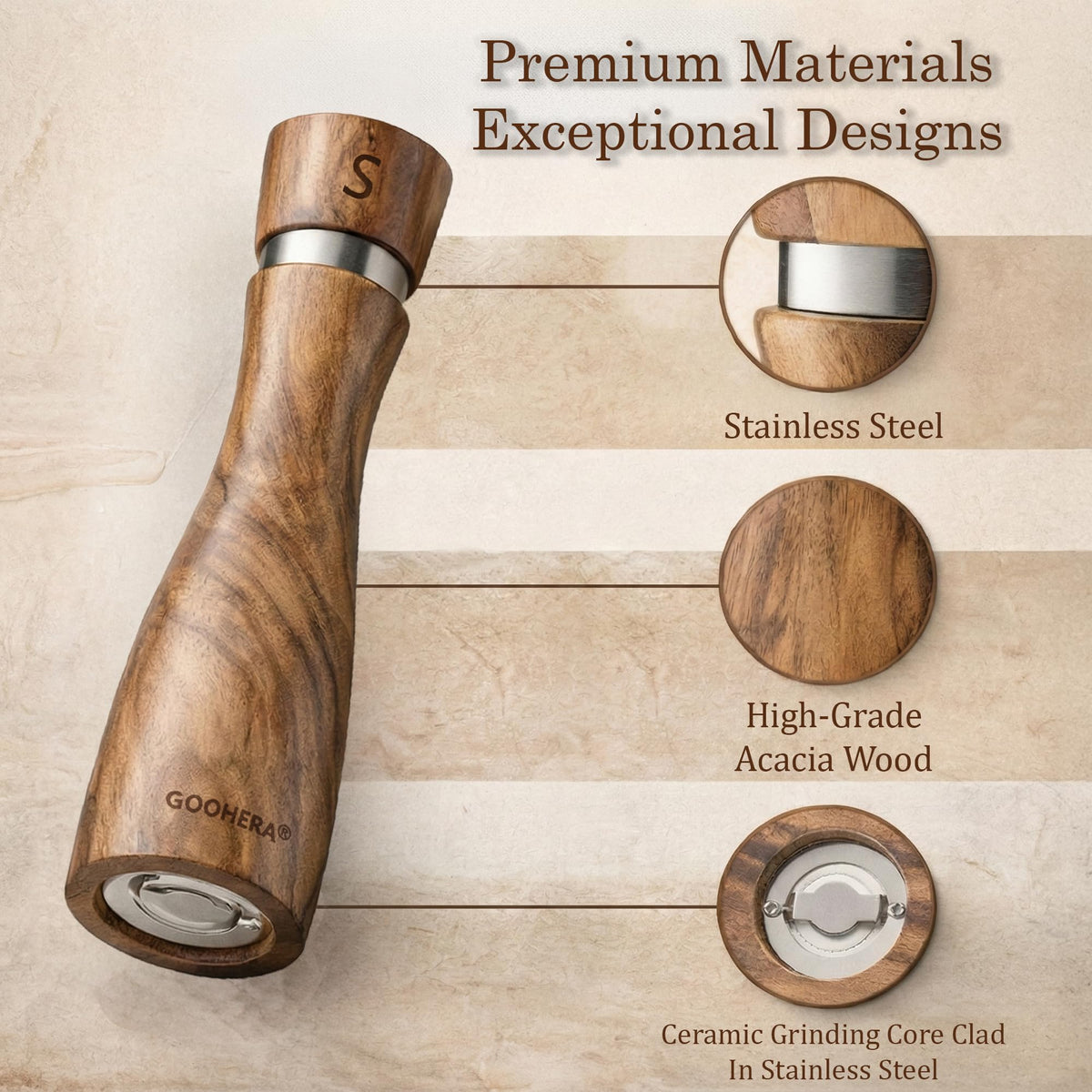 Premium Acacia Wood Salt & Pepper Grinder Set, 8-Inch Manual Mills with Adjustable Coarseness, Ceramic Core, Matching Tray, Spoon & Cleaning Brush – 2 Pack