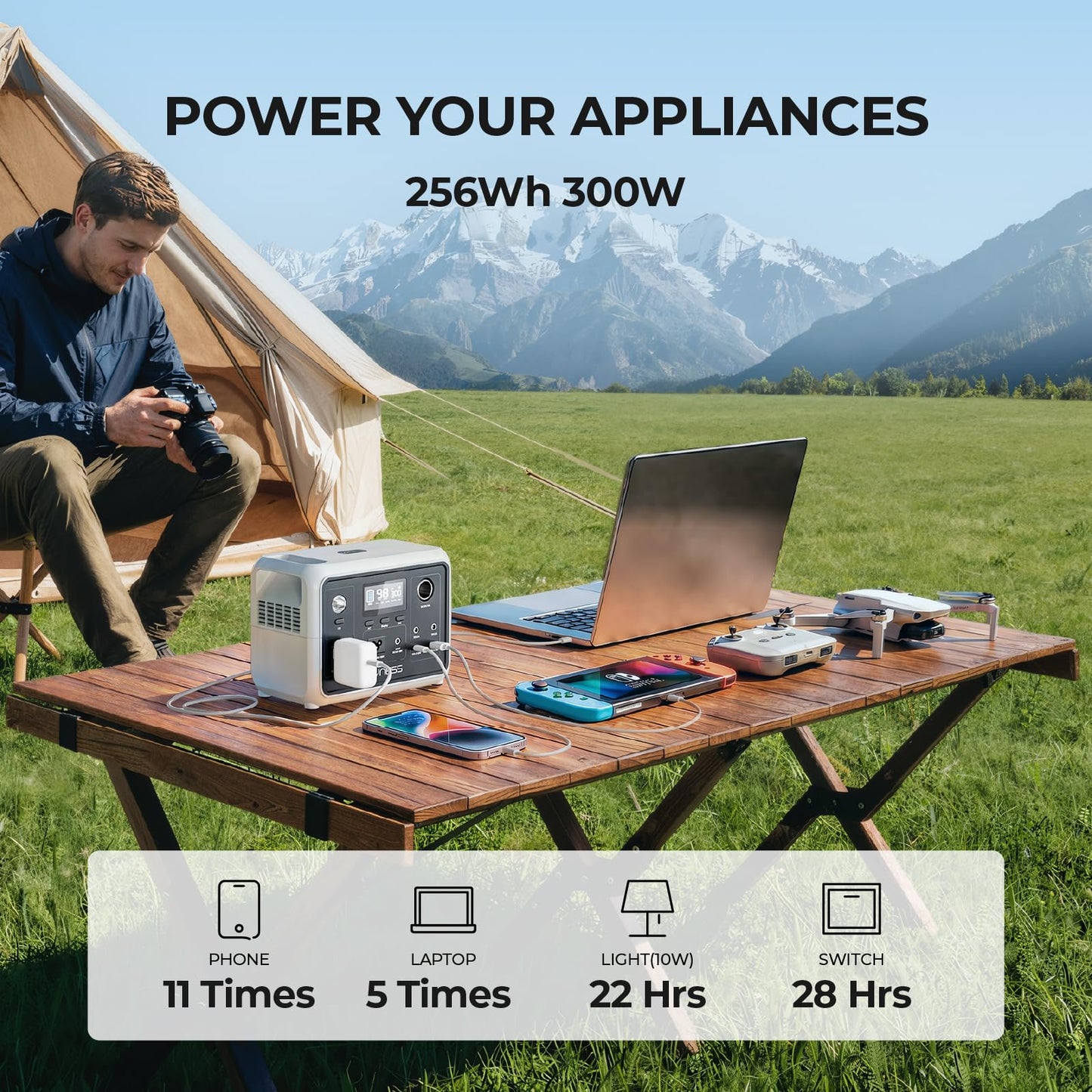 DYNESS Portable Power Station 300W, 256Wh Solar Generator with 110V Pure Sine Wave AC Outlet, LiFePO4 Battery for Camping, Home Backup, RV, CPAP, Outdoor Emergency (Solar Panel Optional)