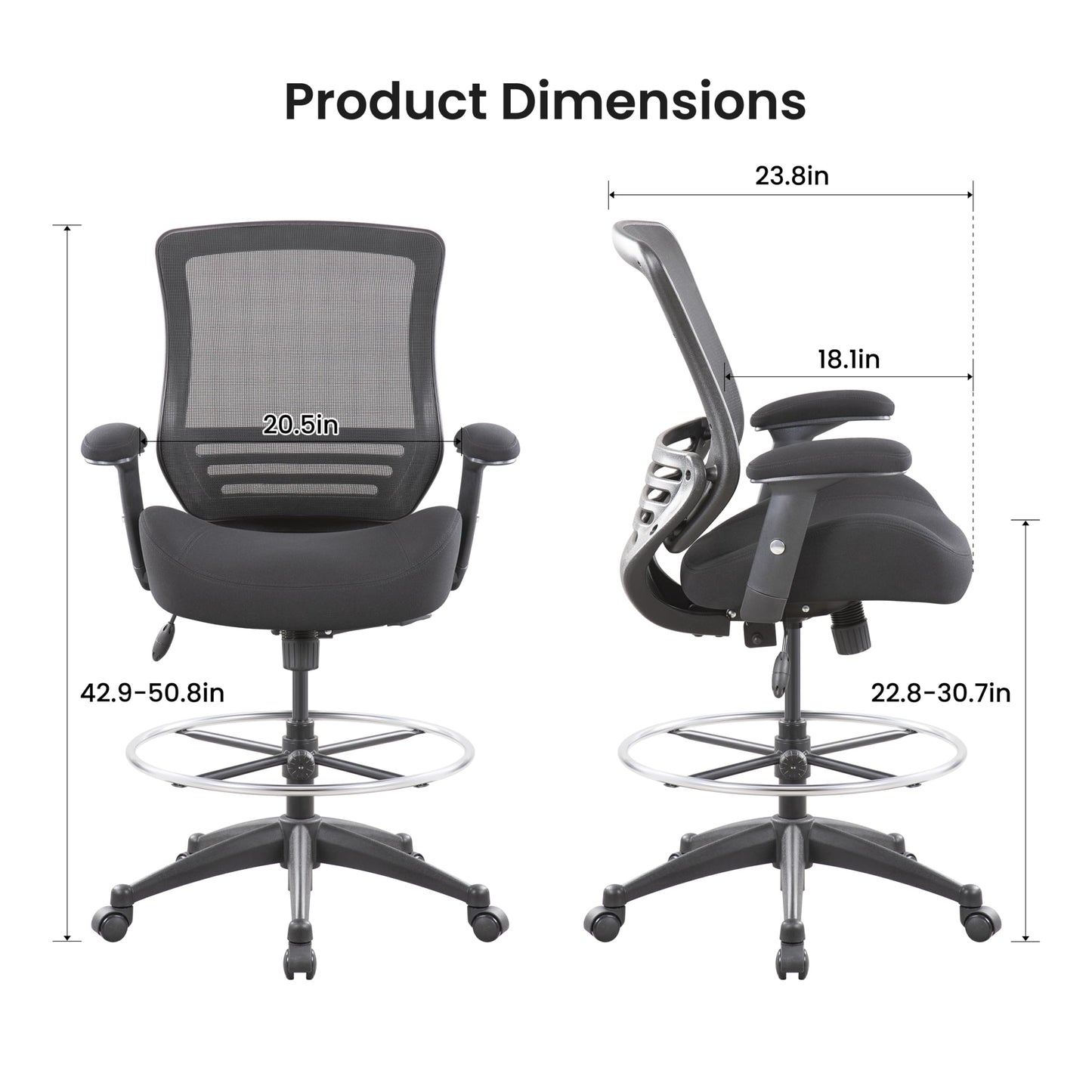BOLISS 400lbs Mid Back Mesh Ergonomic Drafting Chair for Standing Desk Office Wide Chair Built-in Lumbar Support Big Adjustable Foot Ring Height Adjustable Armrest (Black)