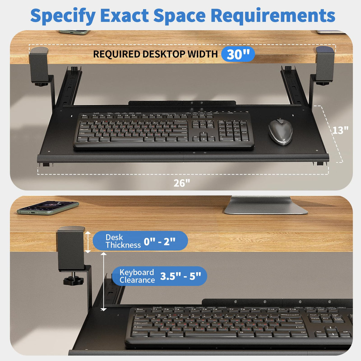 Strifuture Keyboard Tray Under Desk - Full Metal Slide Out Holder, Rust-Resistant & Scratch-Proof, Double C-Clamps, 26x13" Tray for L Shape/Regular Desks, Standing/Sitting Workstation(Black-B)