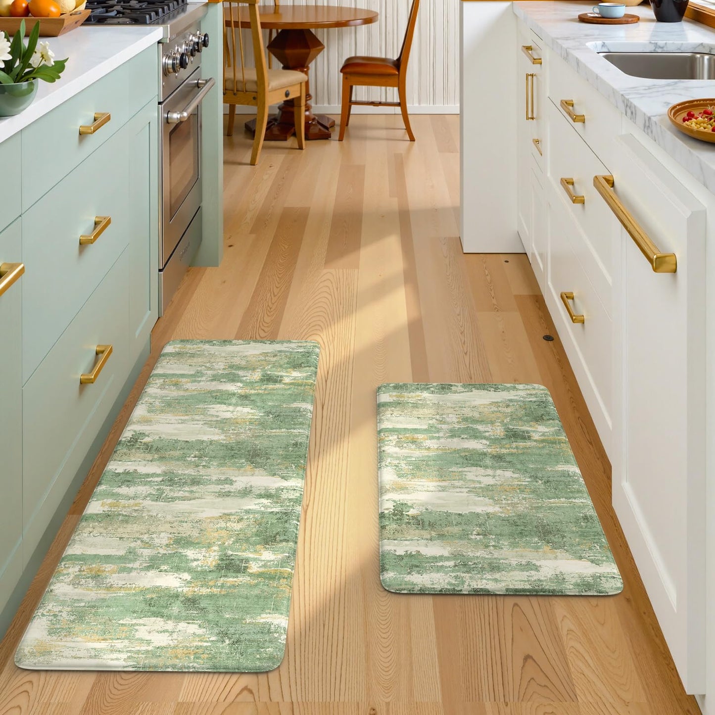 Collive Kitchen Mats Cushioned Anti Fatigue, Modern Abstract Non Slip Kitchen Floor Mat Waterproof Green Sink Rug 2 Piece, Comfort Desk Standing Rugs for Bedroom, Office, Laundry, 17"x29"+17"x47"