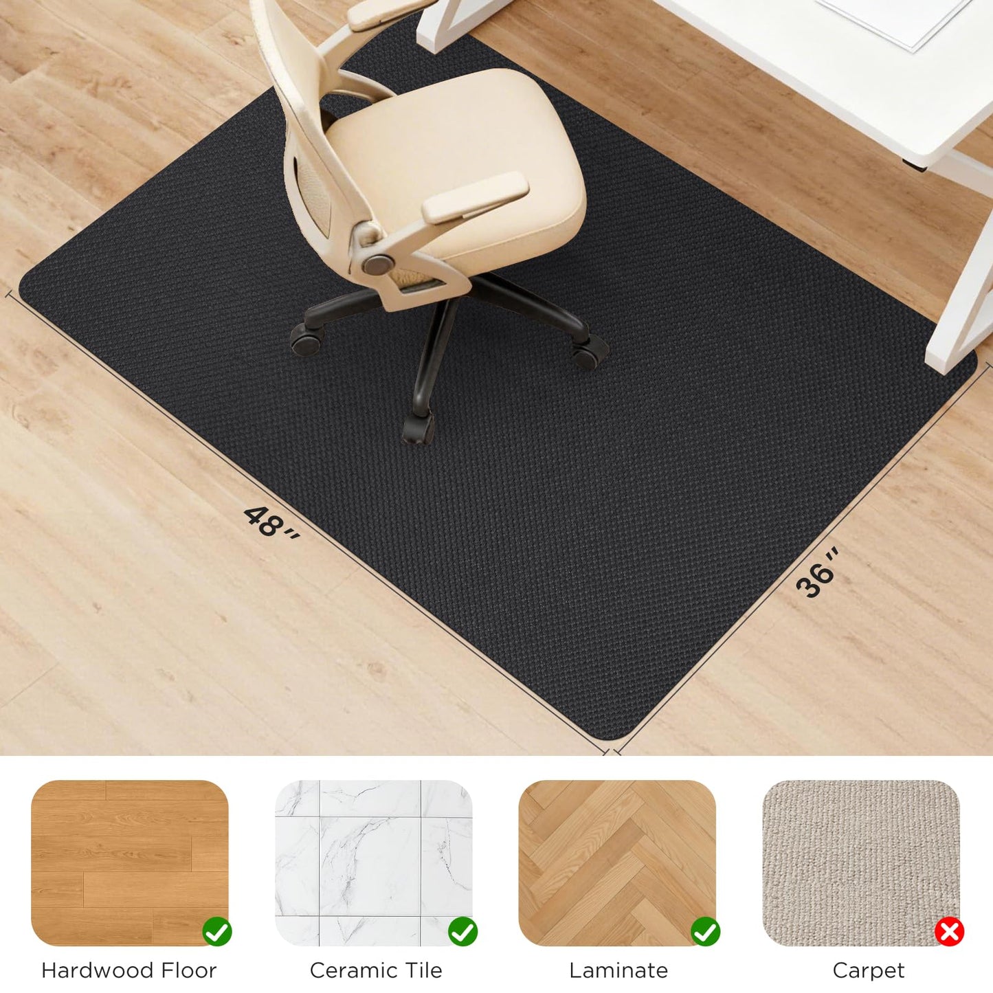 Sycoodeal Chair Mat,36" x 48" Office Chair Mat for Hardwood and Tile Floor, Heavy Duty Floor Protector for Rolling Chairs,Non-Slip,Computer Mat for Home Office(Black)