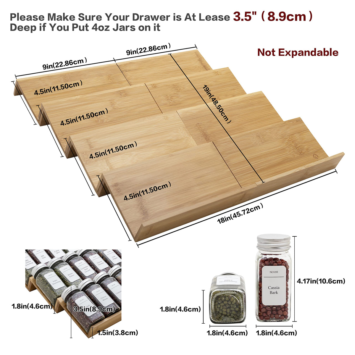Angimio Bamboo Spice Rack Drawer Organizer - 8 Pieces Set- 9" Wide Per Piece - Combine Pieces Into 18" Wide Rack (9" or 18")