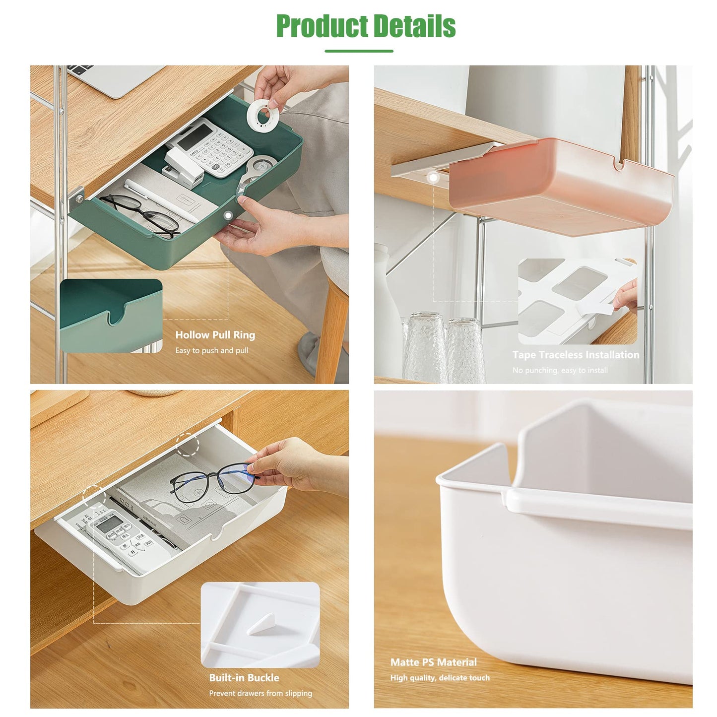 PitorKiter Under Desk Drawer, 2 Pack Large and Medium Hidden Self-Adhesive Under Desk Organisers for Storage of Cutlery, Office Supplies, Stationery and Cosmetics (White-2)
