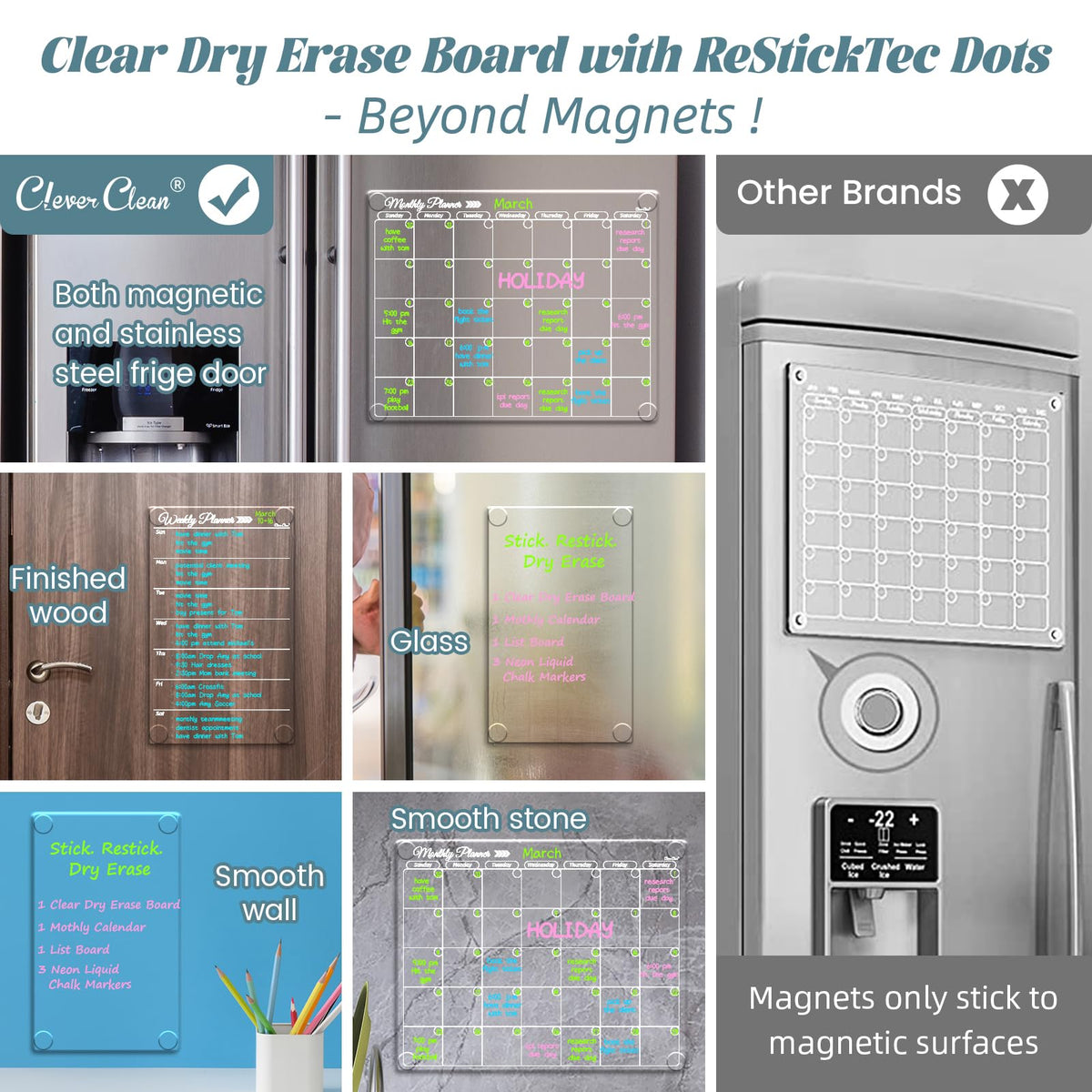 Clear Non-Magnetic Calendar Set for Fridge - Dry Erase Transparent Monthly, Weekly Calendar and Blank Board - Sticks to Wall, Glass, Door, Any Smooth Surfaces
