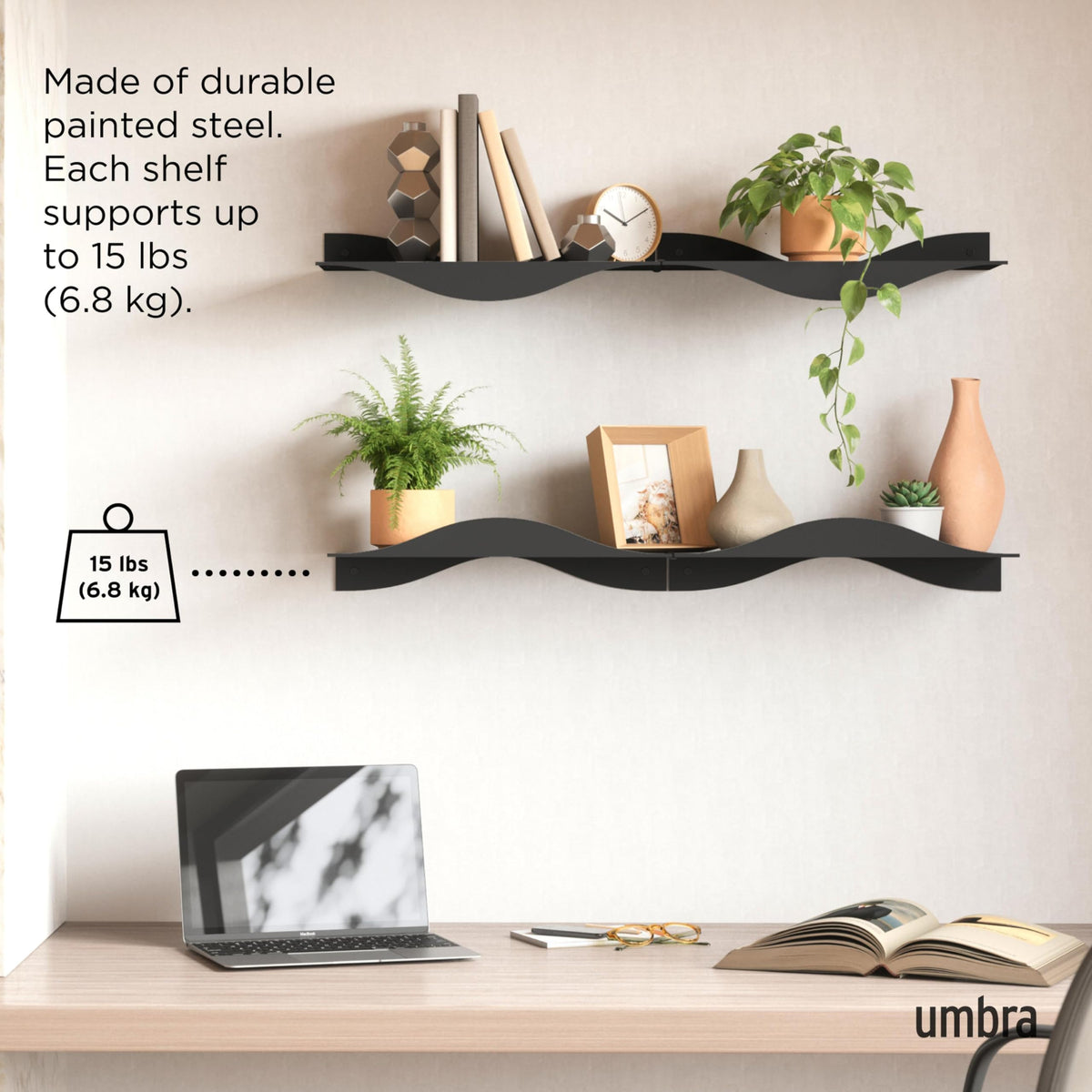 Umbra Surf Shelf Set of 2 – Black Metal Floating Shelves for Wall Storage & Décor, Modern Wave Design, 100% Steel, Holds 15 lbs. Each, Easy Installation Shelving for Bedroom, Living Room & Office