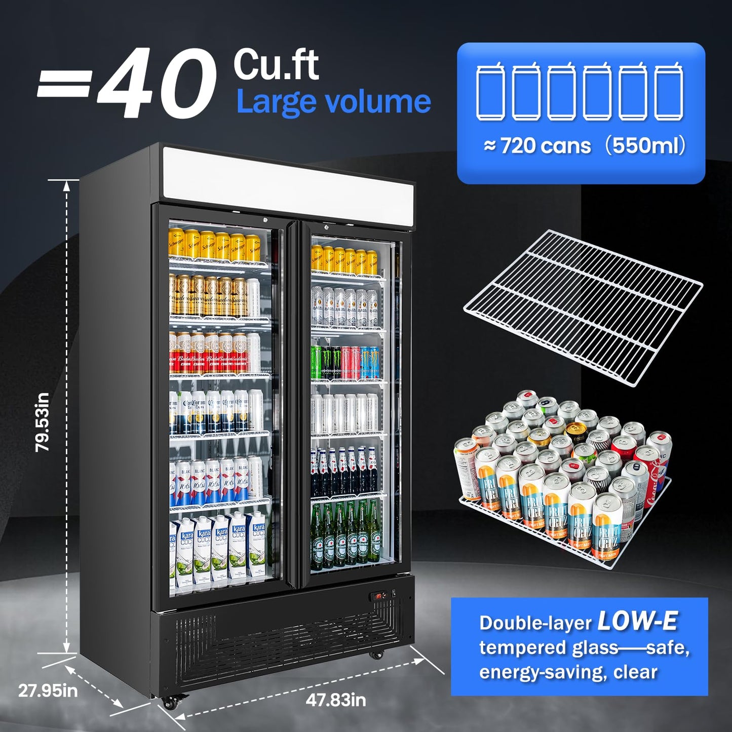 BINGERMA Commercial Merchandiser Display Refrigerator 40 Cu.ft. with 2 Glass Doors ETL Drink Cooler Beverage Fridge for Bars,Restaurants, Convenience Stores, Supermarkets and Offices