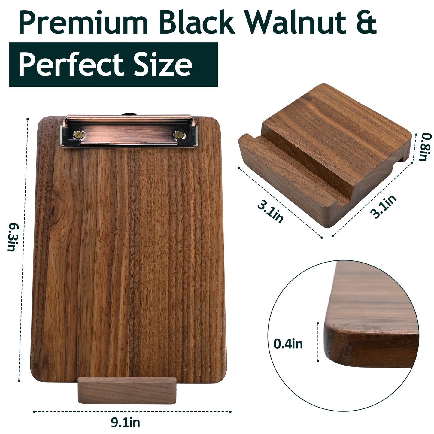 Walnut Wood Clipboard, Small Clip Board with Tabletop Stand, 0.88Lbs, 9*6.3 in, Smooth Edges, Idea for Menu and Small Memos Display for Coffee Shops, Bar, Office, Restaurant, Countertops, Self-Service