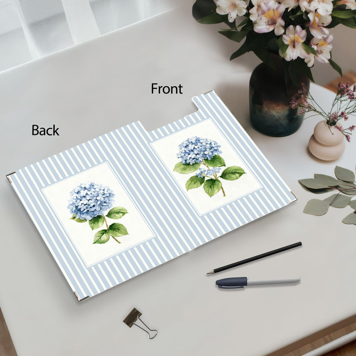 KU-DaYi Blue Hydrangea Floral Clipboard Padfolio with Storage Pocket, Blue Striped Hydrangea Flower Botanical Low Profile Clip Boards for Girls Nurse Office Classroom, 12.4 x 9.25 in