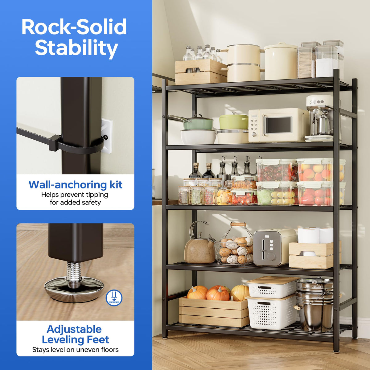 Tujurich Storage Shelves, 5-Tier Metal Shelving Unit with Adjustable Feet, Shelf Organizer for Garage, Kitchen, Pantry and Closet Organization, 36.4" x 11.8" x 68.3", Black