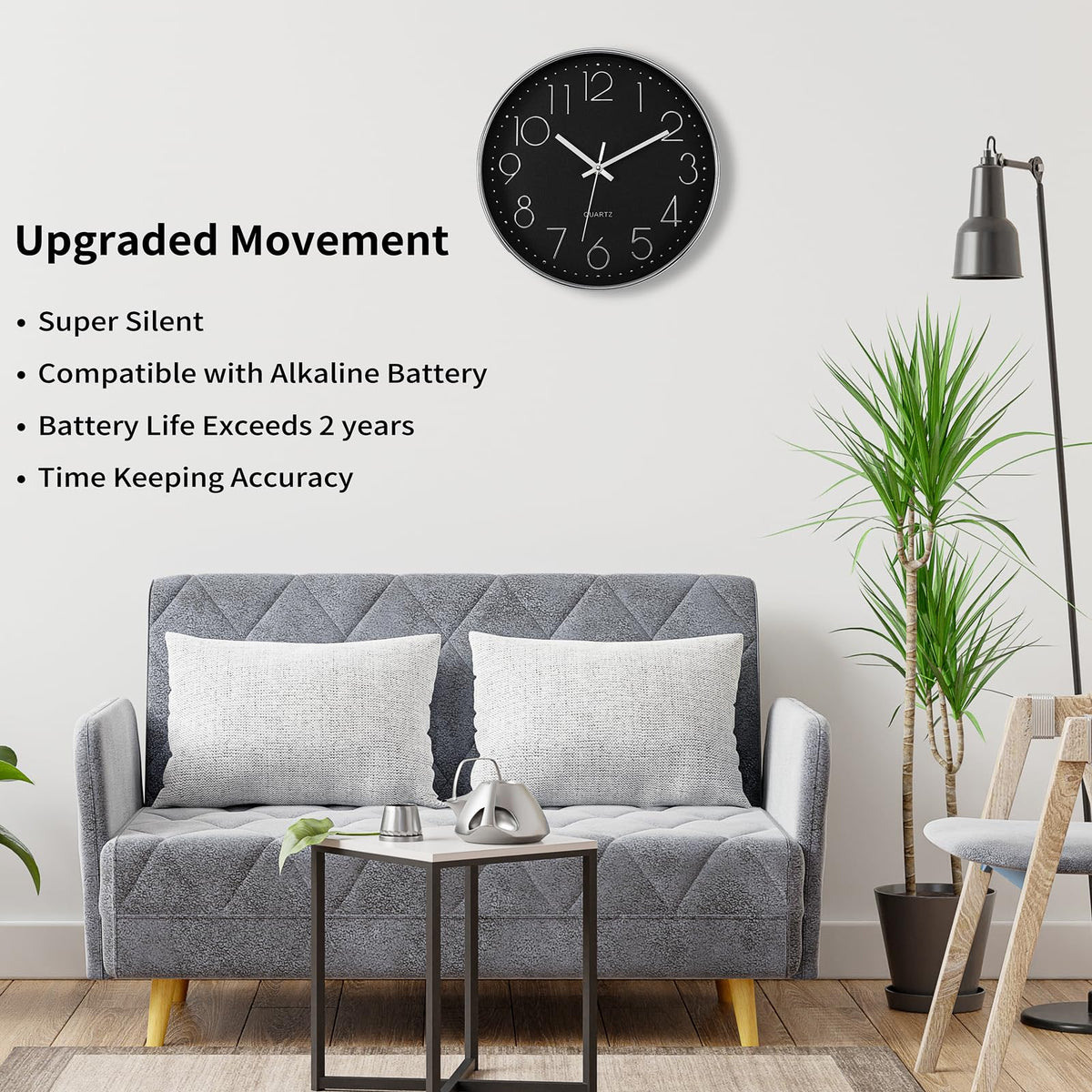 Foxtop Silver Wall Clock Silent Non-Ticking Battery Operated Round Modern Wall Clock for Office School Home Living Room Bedroom Bathroom Kitchen Decor (12 Inch, Black Dial)