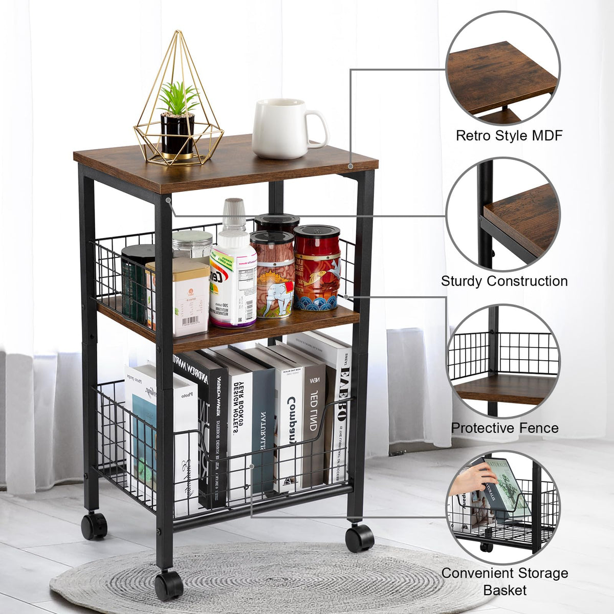 Hadulcet Small End Table, 3-Tier Side Table with Storage Basket, Industrial Style Side End Table for Living Room Bedroom Kitchen Bathroom, Rustic Brown