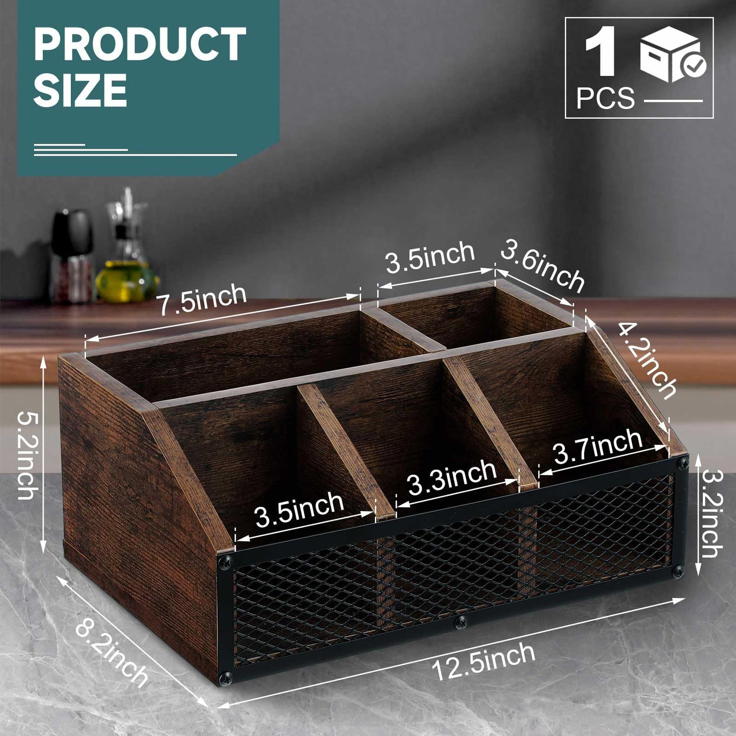 Yalikop Coffee Station Organizer for Countertop, All in One No Assembly Wood Coffee Creamer Bar Holder with Iron Mesh, Office Tea Bar Accessories Gift for New Home Birthday(Dark Brown,Classical)