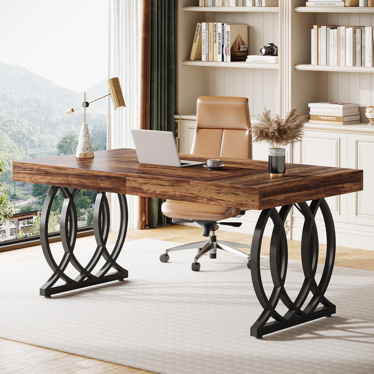 Tribesigns 63-Inch Executive Desk, Modern Office Computer Desk with Stylish Gold Legs, Rectangular Workstation for Home Office, Small Conference Table for Meeting Room (Brown & Black)