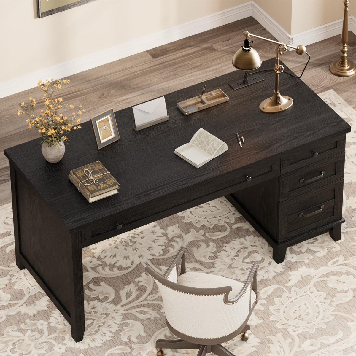 Garvee 53.5" Wooden Home Office Desk with File Drawers, Executive Desk with Power Outlet, Farmhouse Wood Desk with Storage, Distressed Study and Work Table, Rustic Black