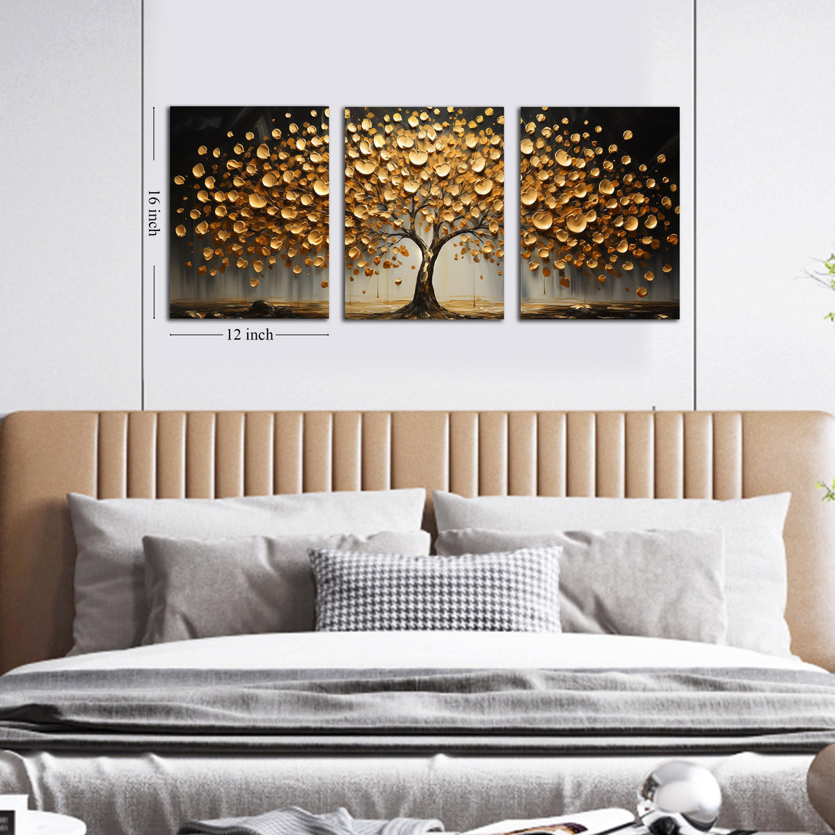 TYTAUPT 3 Piece Canvas Wall Art for Bedroom Gold Tree Wall Decor for Living Room Home Office Decor 12 x 16 Inch Each Panel