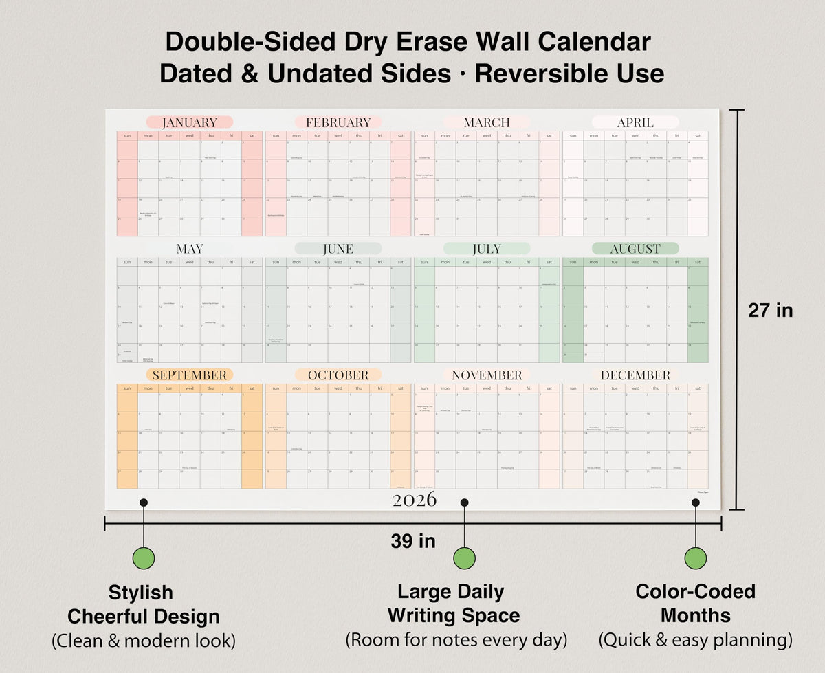 Dry Erase Wall Planner (27×39 in) – Double-Sided Reusable Yearly Planner with Undated Planning Board & 2026 Calendar Reference, Large Laminated Write & Wipe Wall Calendar for Home, Office, Classroom