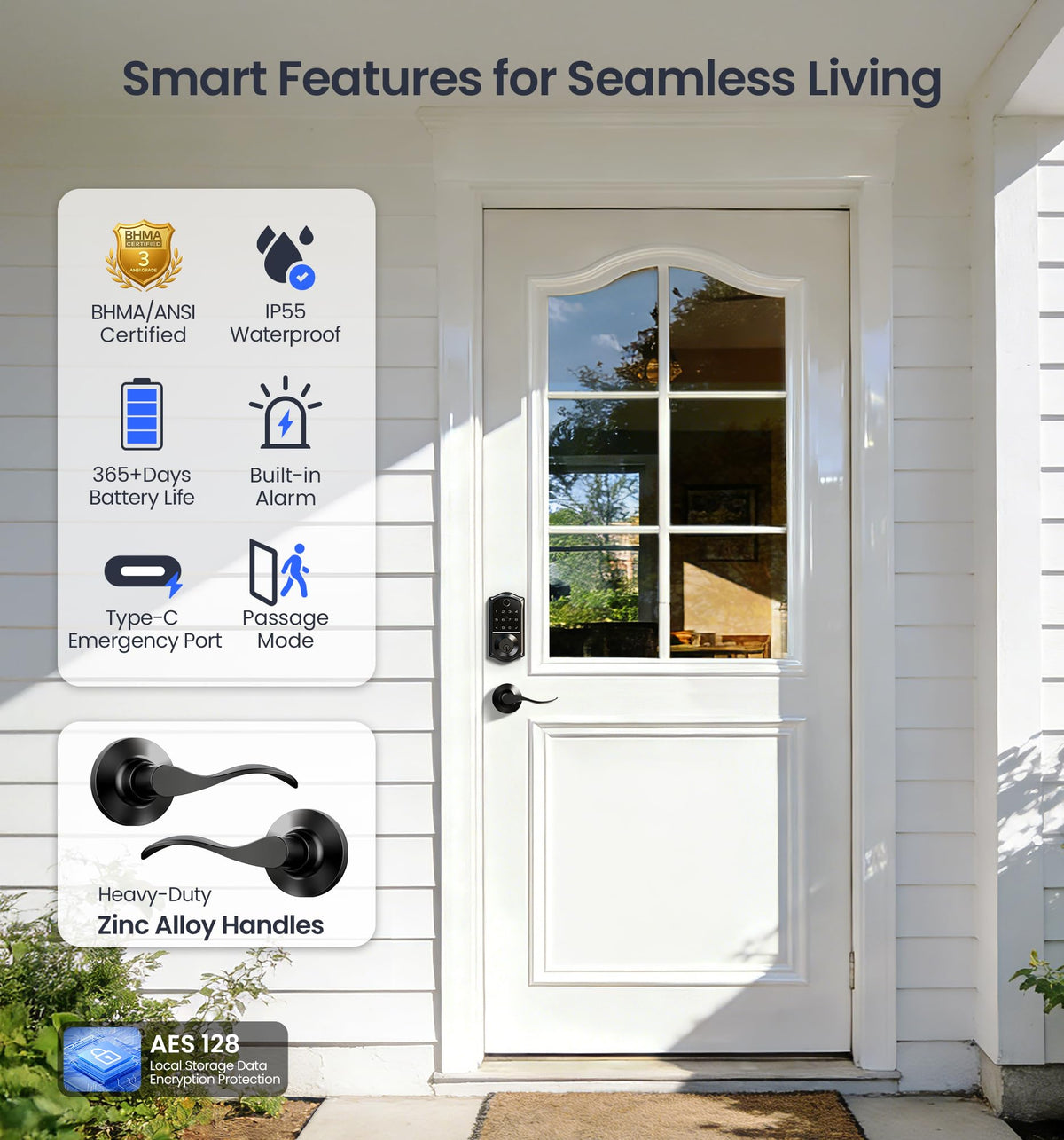 Veise VE017-L Fingerprint Smart Lock with Lever Handles, App Control, Keyless Entry Front Door Lock Set, Electronic Digital Keypad Deadbolt, Remote Grant, Emergency Power Port, Auto Lock, Matte Black