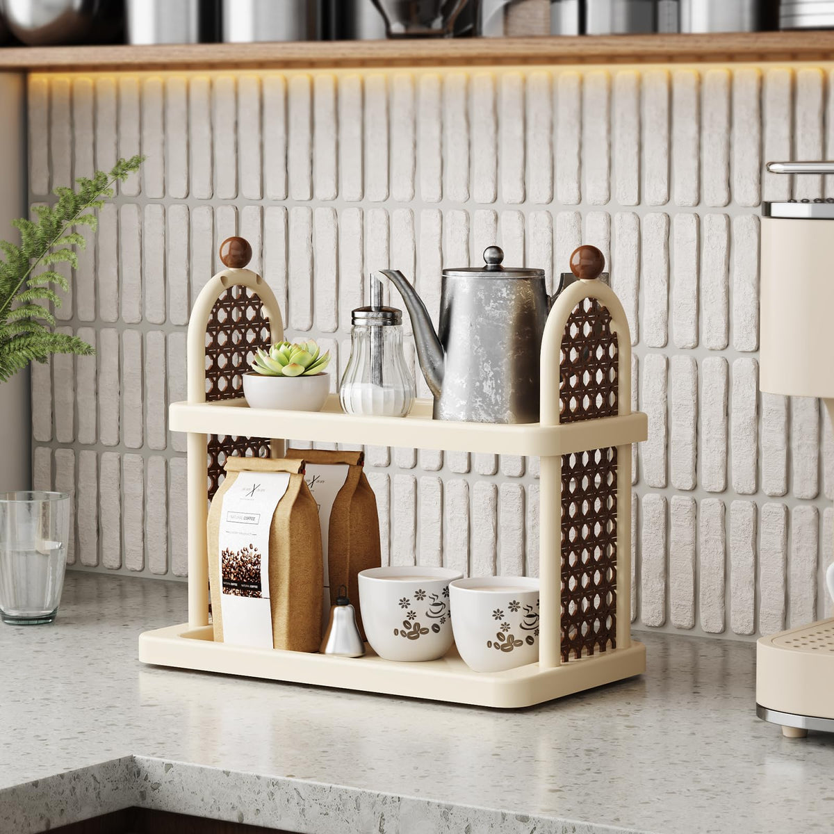 NiHome Matcha Station Organizer Shelf, Multi-Tier Matcha & Coffee Stand, Plastic Countertop Mug Cup Bottle Display Tray Holder for Tea and Coffee Bar Accessories