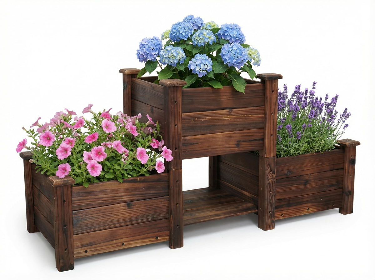 Borsynium Wooden Raised Planter Box Set, 3-Tier, Carbonized Brown, Outdoor Garden Bed, Rustic Style