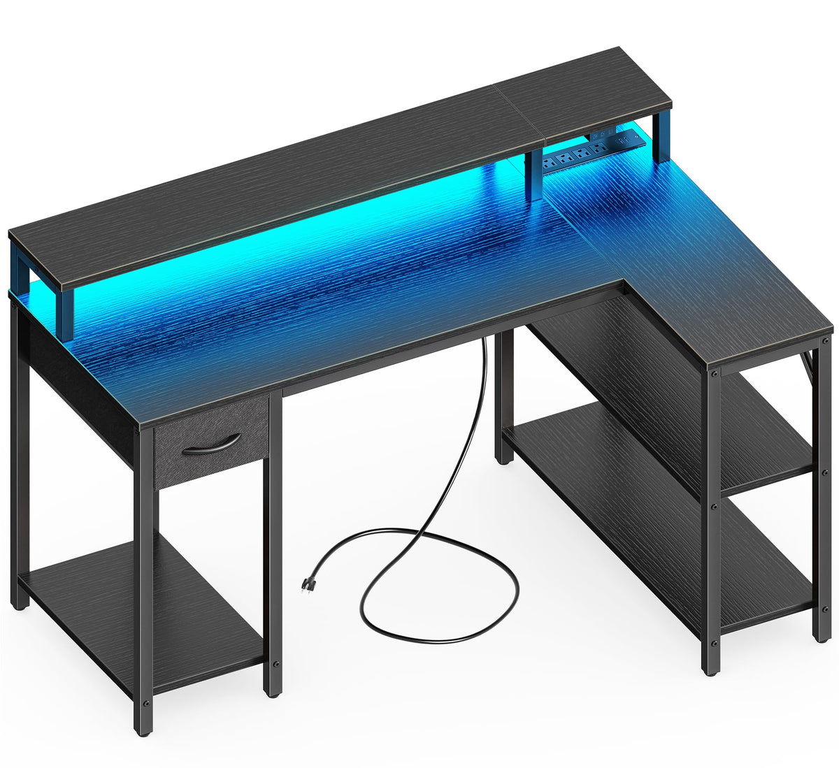 SUPERJARE 47 inch L Shaped Gaming Desk with LED Lights & Power Outlets, Reversible Computer Desk with Shelves & Monitor Stand, Corner Desk with Drawer, for Home & Office, Black