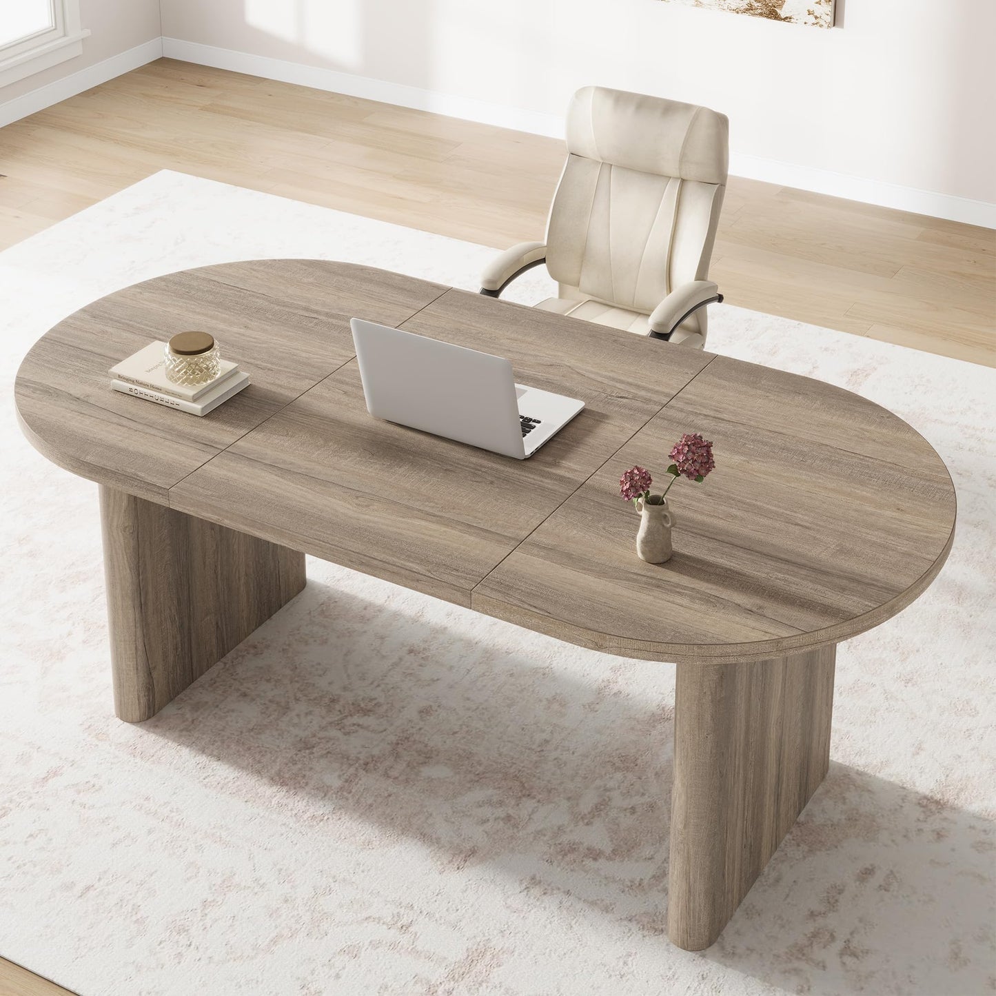 Garvee Oval Executive Desk, Large Computer Office Desk Workstation, Farmhouse Wooden Laptop Desk Study Writing Table Business Furniture for Home Office