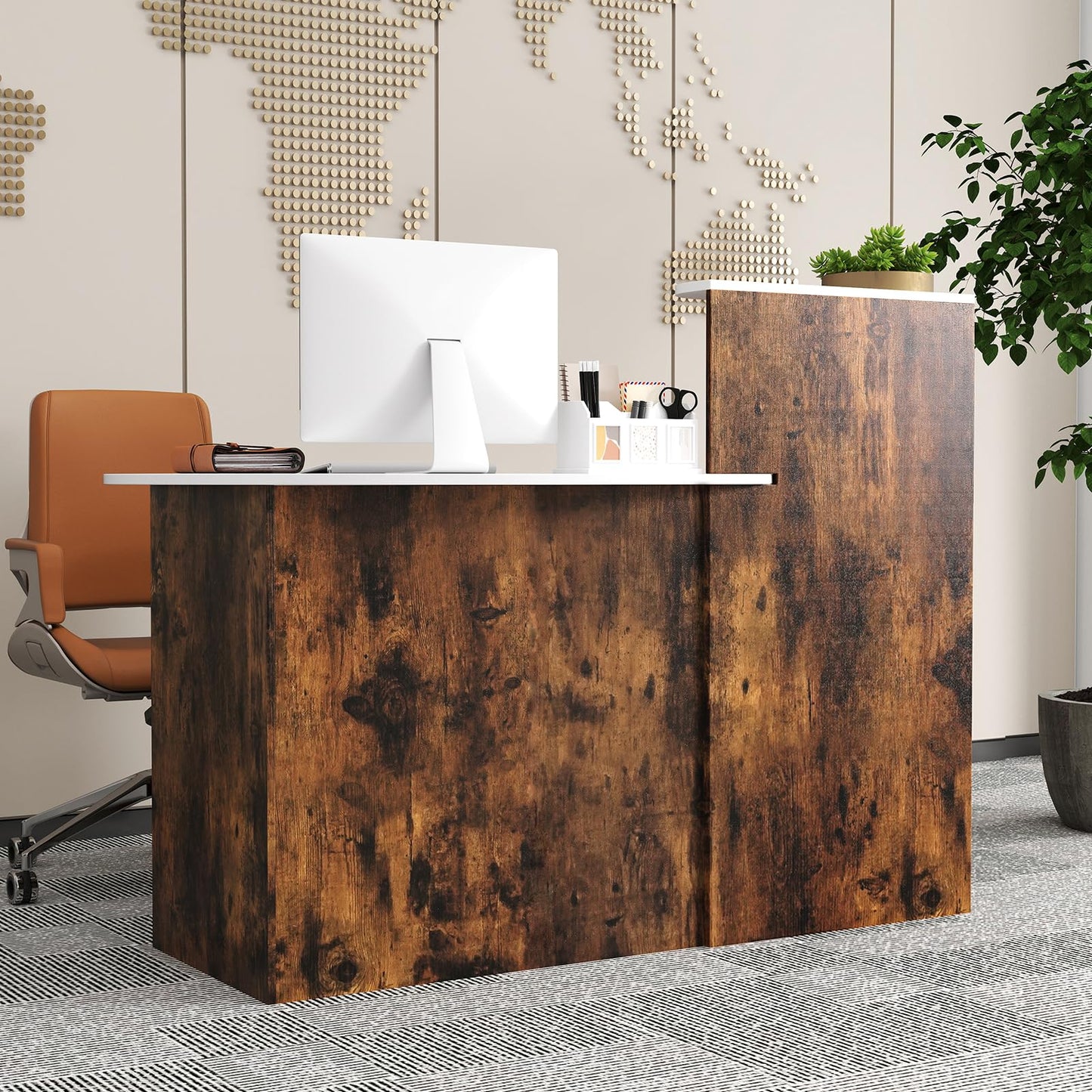Giantex Reception Desk, Front Counter Desk with Lockable Drawer, Oval Tabletop & Adjustable Shelf, Retail Register Stand, Checkout Table for Office Beauty Salon Reception Room (White & Rustic Brown)