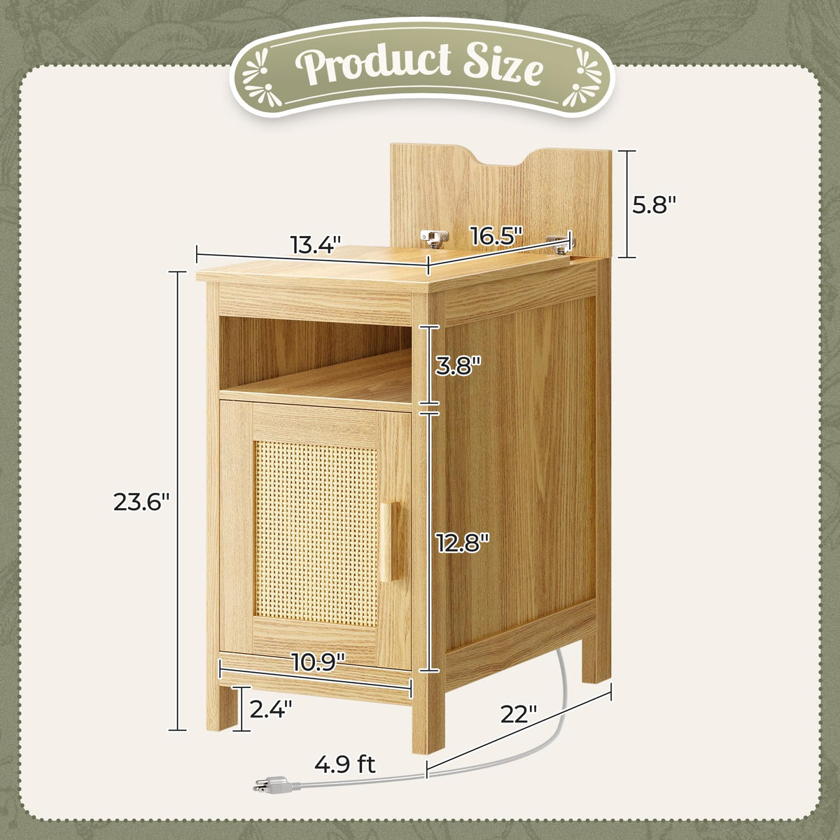 Huuger Narrow Night Stand, End Table with Charging Station, USB-C Port, Rattan Side Table with Cabinet and Open Shelf, Synthetic Rattan, for Small Spaces, Bedroom, Natural Wood