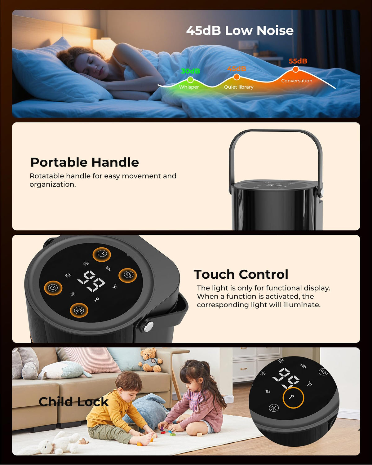 HiLUNDA Portable Electric Space Heater - 1500W PTC Ceramic Fast Safety Heat Heaters with Remote, Timer, 70° Swing, LED Display and Child Lock for Office Bedroom Home Indoor Use