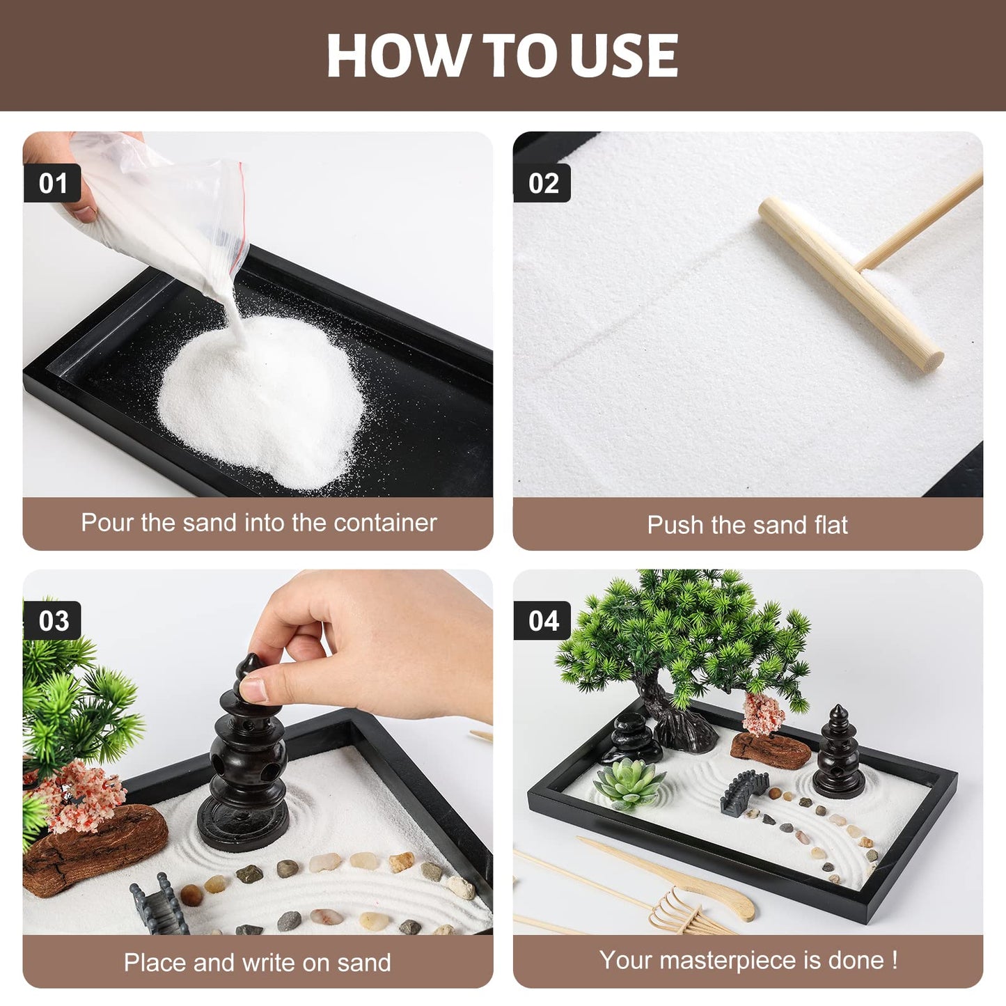 Zen Garden Kit for Desk Decor - Premium Beautiful Japanese Mini Sand Box Set Home, Office with Black Wooden Tray, White Sand, Rake Tools Desktop Meditation, Therapy and Accessories