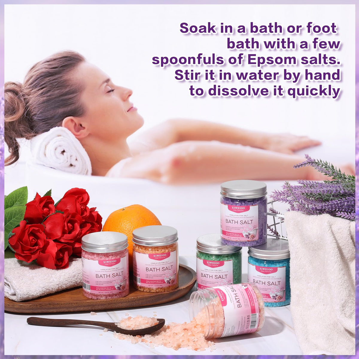 XIWEIOO 6 Pack Bath Salt KIT for Soaking Himalayan Pink Salt Lavender Orange Rose Pink Scent Epsom Salt Bubble Bath for Women Gift with Dead Sea Salt Moisturizing Skin Essential Oil