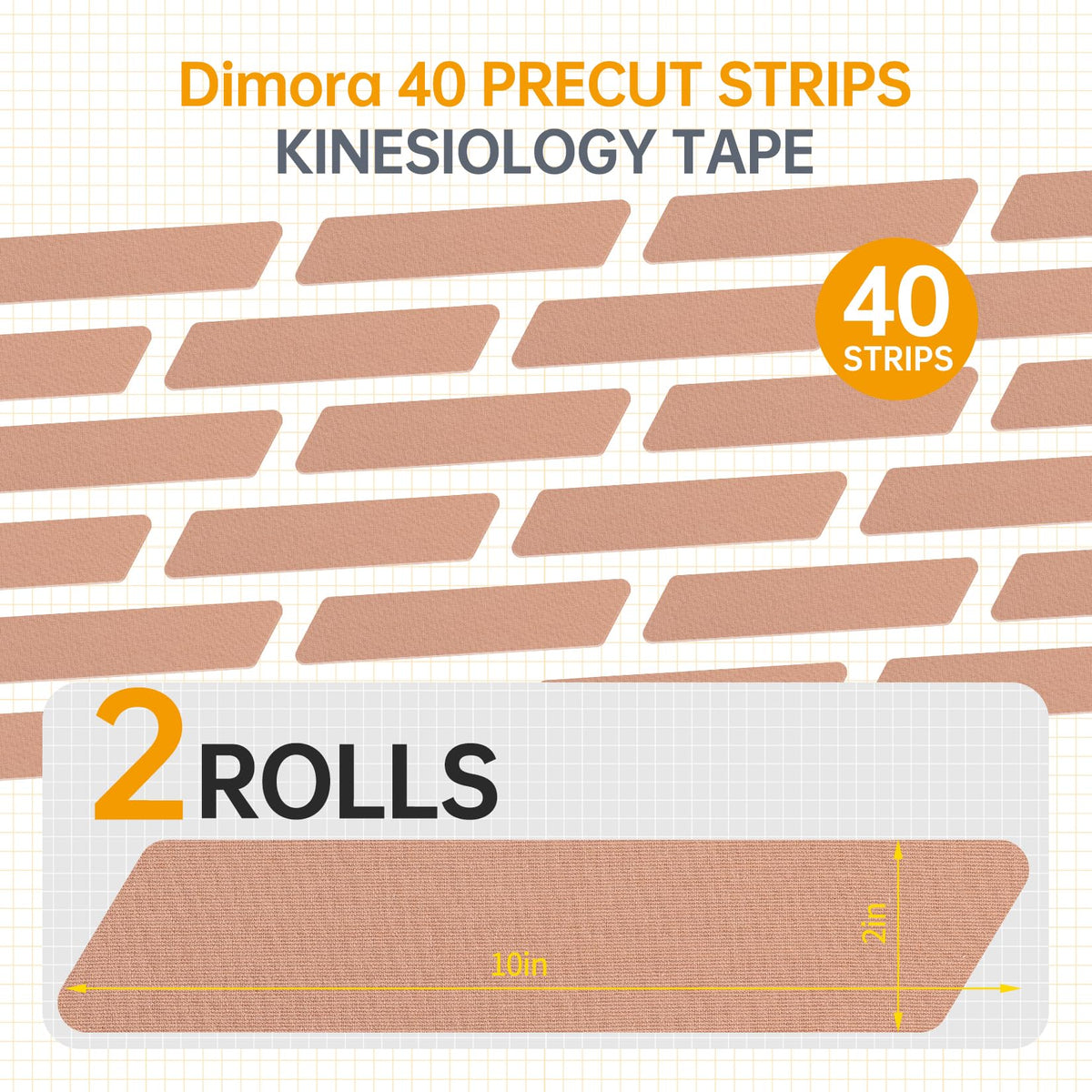 Dimora Kinesiology Tape, 40 Count Precut Strips 2 Rolls, Original Cotton, 10” Elastic Athletic Tape for Muscle Pain Relief and Joint Support, Beige