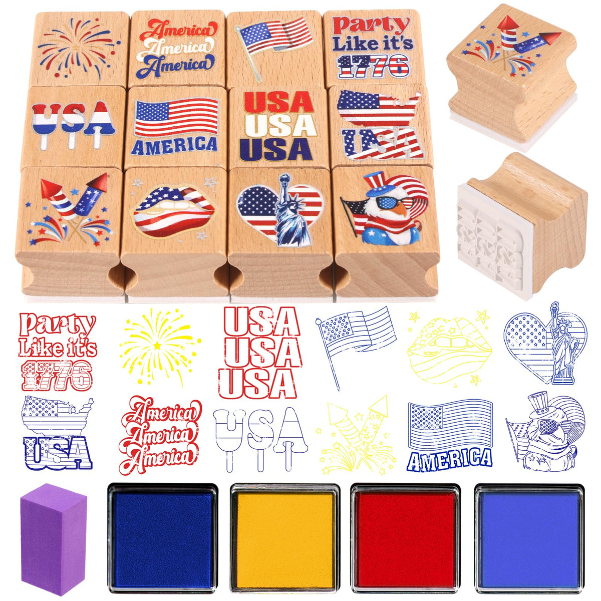 HOWAF USA Patriotic Wooden Rubber Stamps Set, 12pcs 4th of July Stamps Ink Pads for Independence Day DIY Crafts, 250 Years of Freedom Party Favors American Flag Inking Stamp Rubber Stamp