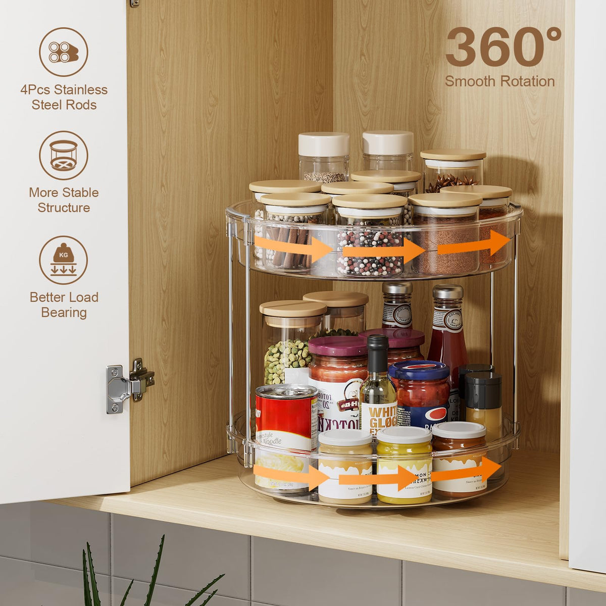 LAMU 12inch 2 Tier Lazy Susan Turntable Organizer Rotating Spice Rack Organization for Cabinet, Kitchen, Pantry, Countertop, Bathroom, Vanity, Medicine Cabinet Organizer, Clear